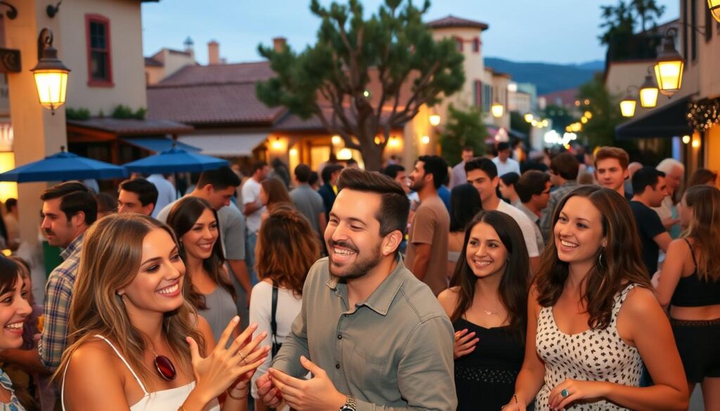 A bustling speed dating event in Temecula, California, captured with a wide-angle lens and warm, inviting lighting. In the foreground, a group of casually dressed singles engaged in lively conversation, their animated gestures and bright smiles conveying the energy of the occasion. In the middle ground, additional participants mingle and circulate, creating a lively, social atmosphere. The background features the charming, historic architecture of downtown Temecula, hinting at the quaint, small-town ambiance of the setting. The overall scene exudes a sense of friendly, relaxed romance, perfectly capturing the essence of a top-tier speed dating event in this picturesque California locale.