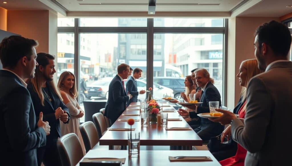A brightly lit, modernly furnished room with a long table set up for a speed dating event. In the foreground, a group of stylishly dressed people engaged in conversation, their body language and facial expressions conveying a sense of excitement and anticipation. In the middle ground, waitstaff circulate with trays of refreshments, creating a lively, social atmosphere. The background features a large window offering a view of a bustling city street, adding to the urban, cosmopolitan feel of the scene. The lighting is warm and inviting, creating a cozy, intimate ambiance perfect for breaking the ice and making new connections.