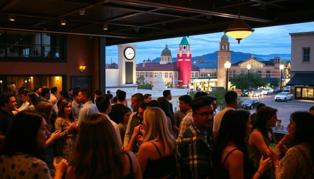 an intimate and vibrant speed dating event in Tracy, California, set against the backdrop of the city's bustling downtown area. In the foreground, a diverse group of singles mingle and engage in lively conversations, their expressions filled with excitement and anticipation. The lighting is warm and inviting, creating a cozy and welcoming atmosphere. In the middle ground, the venue's interior is elegantly decorated, with plush seating areas and subtle mood lighting that enhances the intimate vibe. The background showcases the city's iconic landmarks, such as the historic clock tower and the lively street scene, adding a sense of place and local charm to the scene. The overall composition captures the energy, diversity, and inviting atmosphere of a successful speed dating event in Tracy, California.