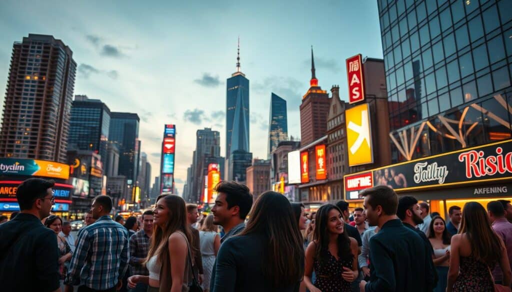 A bustling city skyline at dusk, with towering skyscrapers and vibrant neon signs illuminating the streets below. In the foreground, a group of stylishly dressed young adults mingles and chats, their faces alight with anticipation as they explore the possibility of new connections. The scene is captured through a wide-angle lens, creating a sense of depth and movement, with a soft, warm lighting that casts a romantic glow over the entire composition.