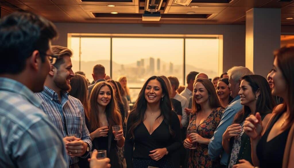 A bustling Bay Area singles event, captured in a vibrant, documentary-style photograph. In the foreground, a diverse group of stylishly dressed people engaged in lively conversation, their expressions animated and welcoming. In the middle ground, the event venue comes into focus - a modern, well-lit space with subtle mood lighting and sleek furniture. The background reveals the iconic Silicon Valley skyline, hinting at the tech-savvy, urban vibe of the gathering. The scene is bathed in a warm, golden glow, creating a sense of energy and connection. Crisp, high-resolution details and a cinematic, photojournalistic aesthetic bring this speed dating event to life.
