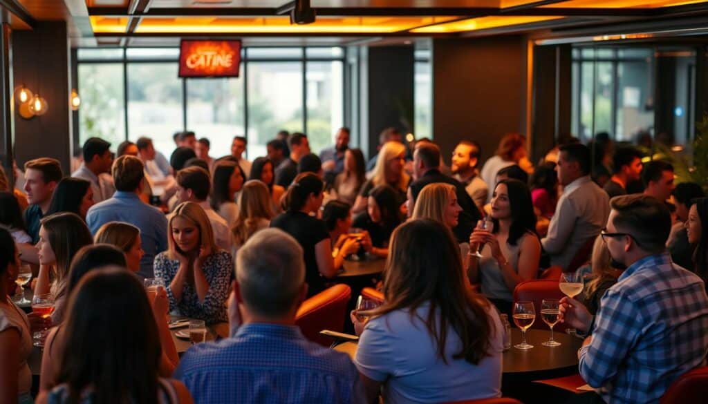 A bustling speed dating event in an upscale lounge in a nearby city to Napa, California. In the foreground, a group of diverse singles engaged in lively conversation, their body language animated and eyes sparkling with curiosity. The middle ground features cozy seating areas where pairs chat intimately, sipping craft cocktails. Ambient lighting casts a warm, flattering glow, creating an inviting, sophisticated atmosphere. In the background, the sleek, modern decor of the lounge frames the scene, hinting at the urban, cosmopolitan vibe of this speed dating hotspot near the wine country.
