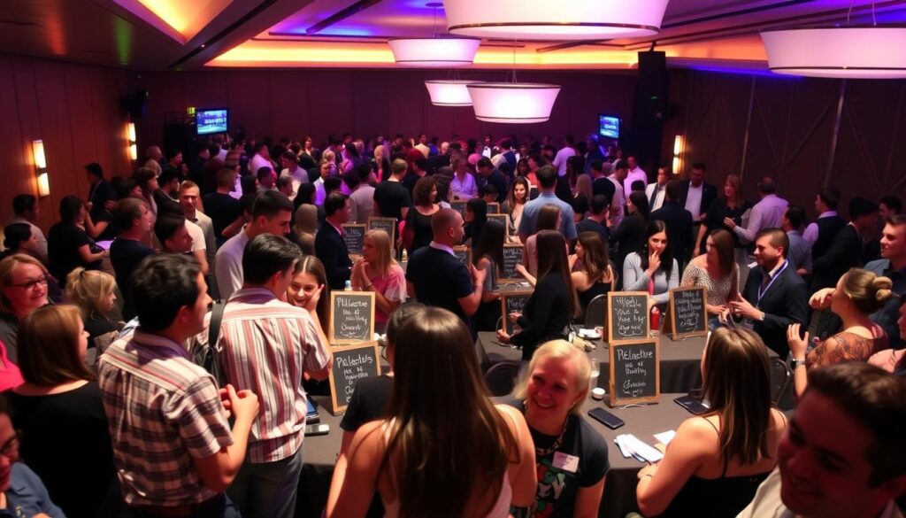 A crowded indoor venue with vibrant lighting and lively energy. In the foreground, a group of singles engaged in animated conversation, sharing laughter and making connections. In the middle ground, speed dating stations with chalkboard signs and scattered tables and chairs, creating an atmosphere of anticipation and excitement. The background features a sleek, modern interior design with geometric patterns and warm tones, setting the stage for an unforgettable speed dating experience in Turlock, California.