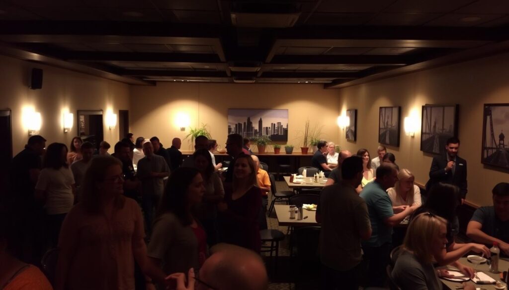 A dimly lit room in Turlock, California, bustling with singles eager to mingle. Soft lighting casts a warm glow, setting the mood for an evening of speed dating. In the foreground, a group of casually dressed attendees engage in animated conversations, their faces alight with anticipation. The middle ground reveals a mix of tables and chairs, creating an intimate setting for one-on-one interactions. In the background, a tasteful decor of potted plants and city-inspired artwork add a touch of sophistication to the scene. The overall atmosphere conveys a sense of excitement, with a subtle undercurrent of nervous energy as participants navigate the social dynamics of this unique local event.