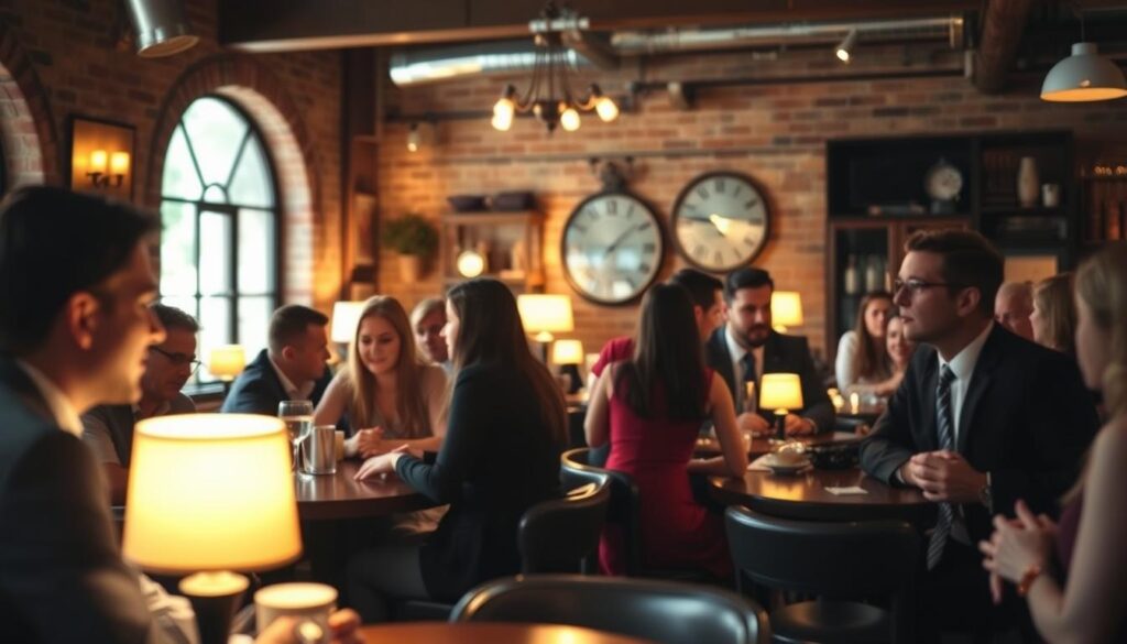 A lively speed dating event in Upland, California, taking place in a cozy, dimly-lit cafe. In the foreground, a group of smartly dressed singles engage in animated conversations, their faces lit by the warm glow of table lamps. In the middle ground, the cafe's rustic decor of exposed brick walls and vintage furnishings creates a charming ambiance. The background is blurred, drawing the viewer's focus to the central activity. The scene is captured with a shallow depth of field, using a wide aperture lens to create a soft, dreamlike atmosphere. The lighting is a mix of soft, diffused natural light from large windows and the warm, inviting glow of the cafe's fixtures, evoking a intimate, relaxed mood.