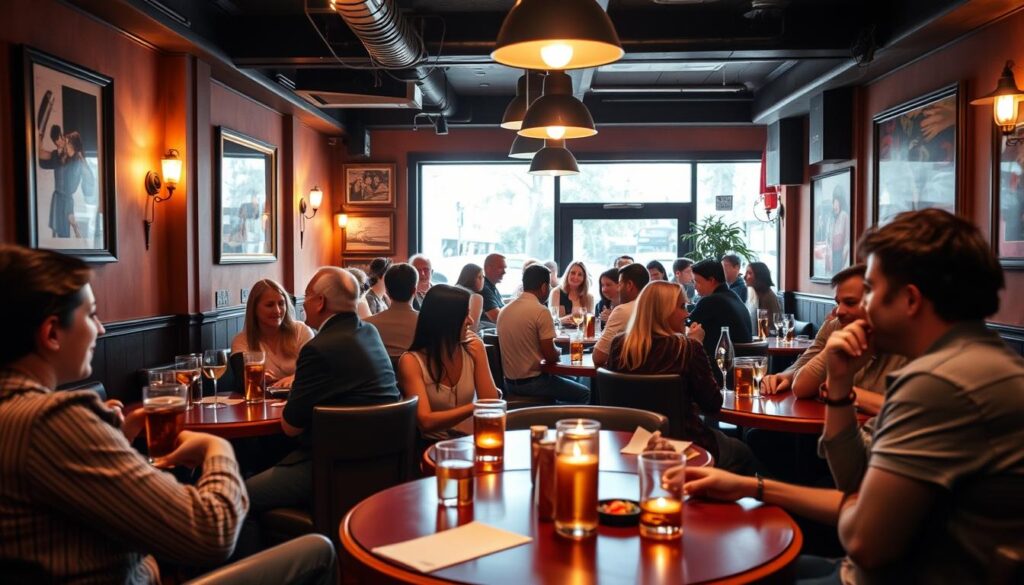 A lively speed dating event in a cozy cafe, with patrons mingling and chatting at intimate round tables under warm, ambient lighting. The scene captures the anticipation and energy of the occasion, with individuals engaged in animated conversations, drinks in hand. The camera angle provides a dynamic perspective, capturing the event's dynamic nature while preserving the personal, conversational atmosphere. The overall mood is one of excitement and possibility, reflecting the potential for meaningful connections to be made.