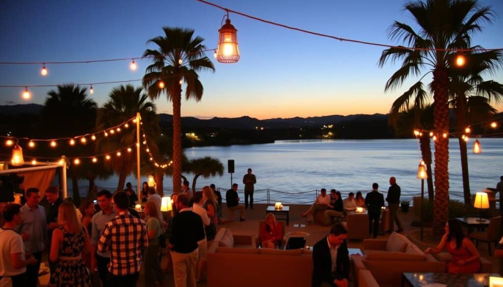 A vibrant evening scene of an upcoming speed dating event in Lake Elsinore, California. In the foreground, a group of casually dressed singles mingle and converse animatedly against the backdrop of a picturesque lakeside setting. Soft lighting from string lights and lanterns creates a warm, inviting atmosphere. In the middle ground, cozy seating areas with plush couches and tables are arranged around a central stage, where a host can be seen introducing the event. In the distance, the shimmering waters of Lake Elsinore and the silhouettes of palm trees set the tranquil, romantic mood. The image conveys the excitement and anticipation of a lively, well-organized speed dating experience in this charming California town.