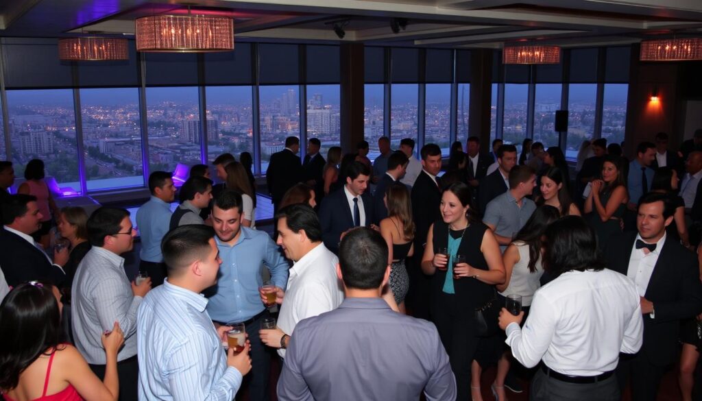 A lively singles event night in the heart of Walnut Creek, California. In the foreground, groups of well-dressed men and women mingle and converse animatedly, drinks in hand. The middle ground features a stylishly decorated event space, with modern furnishings, mood lighting, and a gleaming dance floor. In the background, the city skyline is visible through floor-to-ceiling windows, hinting at the vibrant urban setting. The scene conveys a sense of energy, excitement, and the potential for new connections, capturing the essence of a speed dating event in this thriving California community.