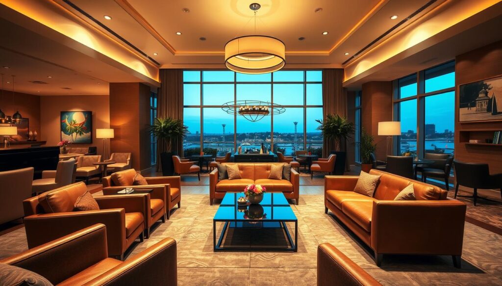 A luxurious and contemporary lounge at the Irvine Marriott hotel, captured with a wide-angle lens to showcase the spacious and inviting ambiance. The room is bathed in warm, soft lighting, creating a cozy and relaxing atmosphere. Plush leather armchairs and sofas are arranged around a central coffee table, inviting guests to sink in and unwind. The décor features a mix of modern and classic elements, with clean lines, neutral tones, and tasteful artwork adorning the walls. Large windows offer panoramic views of the surrounding area, adding to the sense of tranquility and sophistication. The overall scene exudes an air of refined comfort, perfect for a casual yet sophisticated speed dating event in the heart of San Clemente.