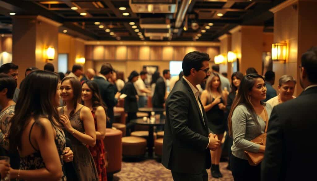 A bustling speed dating event in Gardena, California, captured through the lens of a vintage camera. In the foreground, stylishly dressed people mingle and converse, their expressions animated and engaged. The middle ground features cozy seating areas and small tables, creating an intimate atmosphere. The background is softly blurred, highlighting the warm lighting and modern decor of the venue. A sense of excitement and connection permeates the scene, as singles from the local community come together for a chance to find that special someone.