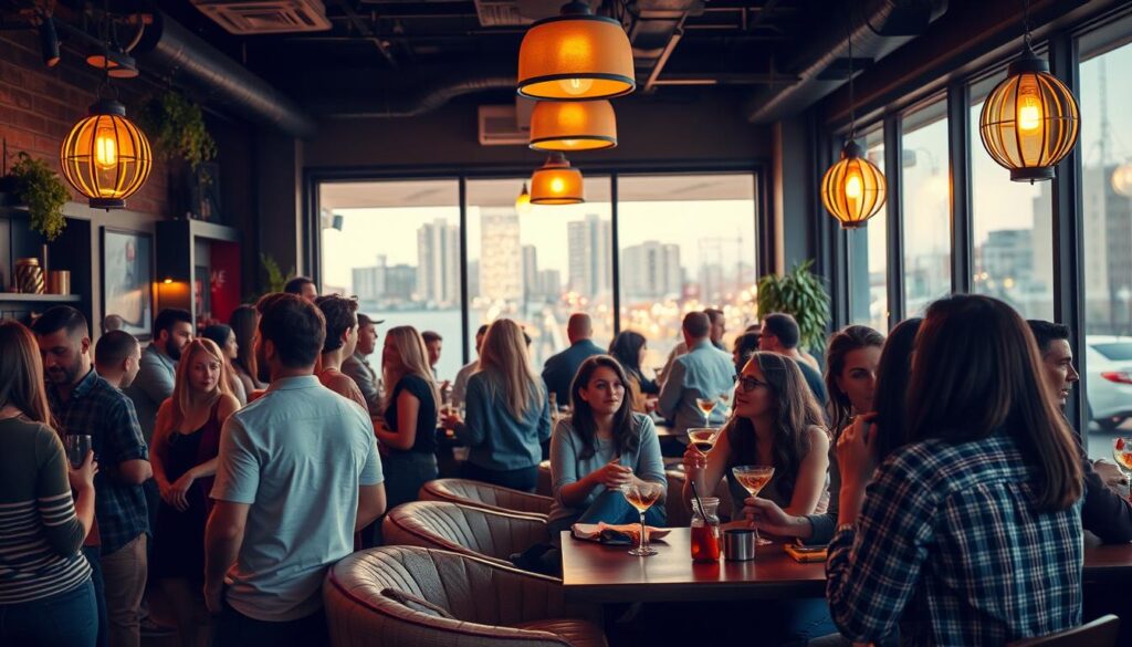 A lively speed dating event unfolding in the heart of Paramount, California. A dimly lit cafe with warm amber lighting sets the intimate mood, its decor a blend of modern and vintage elements. In the foreground, a group of casually dressed singles mingle, engaged in animated conversations, their expressions a mix of nervous excitement and hopeful anticipation. The middle ground features cozy seating areas where potential matches lean in, sharing stories and sipping on craft cocktails. In the background, the urban cityscape of Paramount is visible through large windows, a sense of energy and possibility permeating the scene.