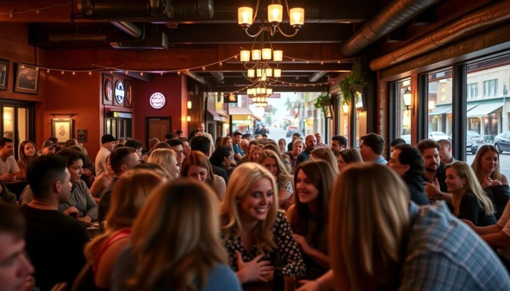 A bustling speed dating event in the cozy downtown of Cottonwood, Arizona. In the foreground, a group of singles engaged in lively conversation, their faces animated with excitement and anticipation. The middle ground features the warm, inviting atmosphere of a local hotspot, with dim lighting, plush seating, and an energetic yet intimate vibe. In the background, the quaint streets of Cottonwood can be glimpsed through large windows, framing the scene with a charming small-town ambiance. The image exudes a sense of community, connection, and the promise of new relationships blossoming in this vibrant local setting. A bustling speed dating event in the cozy downtown of Cottonwood, Arizona. In the foreground, a group of singles engaged in lively conversation, their faces animated with excitement and anticipation. The middle ground features the warm, inviting atmosphere of a local hotspot, with dim lighting, plush seating, and an energetic yet intimate vibe. In the background, the quaint streets of Cottonwood can be glimpsed through large windows, framing the scene with a charming small-town ambiance. The image exudes a sense of community, connection, and the promise of new relationships blossoming in this vibrant local setting.