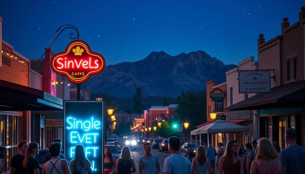 A bustling city street in Cottonwood, Arizona, on a warm summer evening. In the foreground, a group of young adults gathered around a neon-lit sign advertising a "Singles Event" in a cozy cafe. The middle ground features an array of quaint local shops and eateries, their facades illuminated by golden streetlamps. In the background, the Mingus Mountains rise majestically, their peaks silhouetted against a deep indigo sky dotted with twinkling stars. The mood is one of excitement and anticipation, as the singles event promises the opportunity to mingle and connect in a vibrant, welcoming atmosphere. A bustling city street in Cottonwood, Arizona, on a warm summer evening. In the foreground, a group of young adults gathered around a neon-lit sign advertising a "Singles Event" in a cozy cafe. The middle ground features an array of quaint local shops and eateries, their facades illuminated by golden streetlamps. In the background, the Mingus Mountains rise majestically, their peaks silhouetted against a deep indigo sky dotted with twinkling stars. The mood is one of excitement and anticipation, as the singles event promises the opportunity to mingle and connect in a vibrant, welcoming atmosphere.