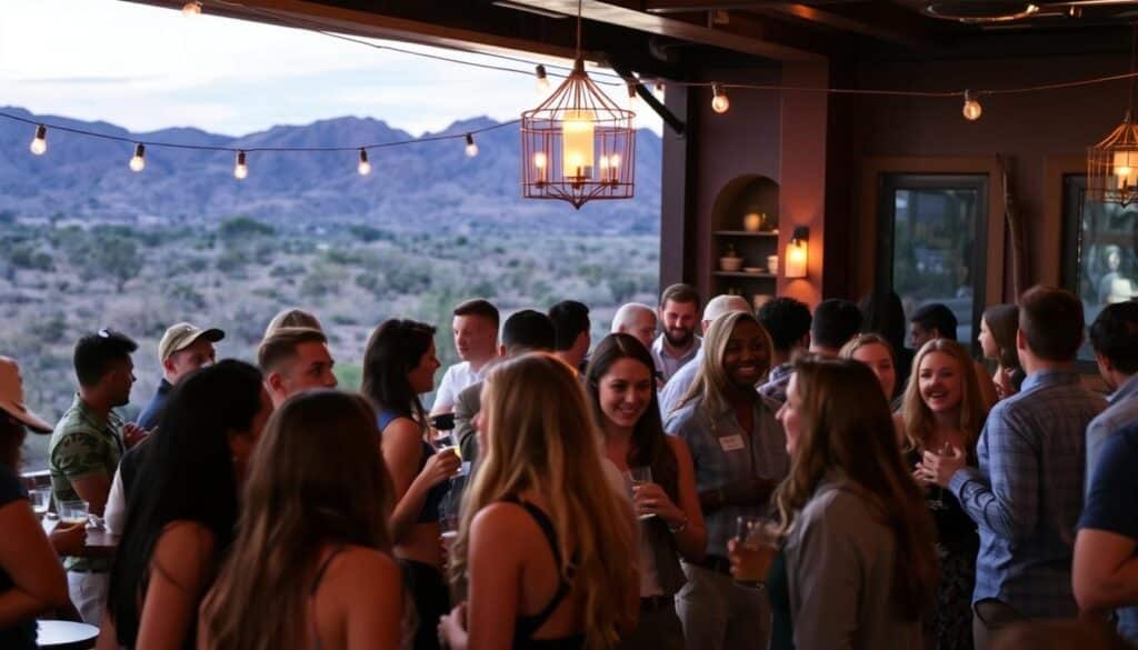 A lively speed dating event set in the charming town of Green Valley, Arizona. In the foreground, a group of young professionals mingle and chat animatedly, drinks in hand. The middle ground showcases a cozy, dimly lit venue with tasteful decor and mood lighting that creates an intimate atmosphere. In the background, the picturesque Sonoran Desert landscape frames the scene, hinting at the serene and scenic location. The overall composition conveys a sense of vibrant, yet casual social interaction, perfectly capturing the spirit of a speed dating event in this vibrant community.