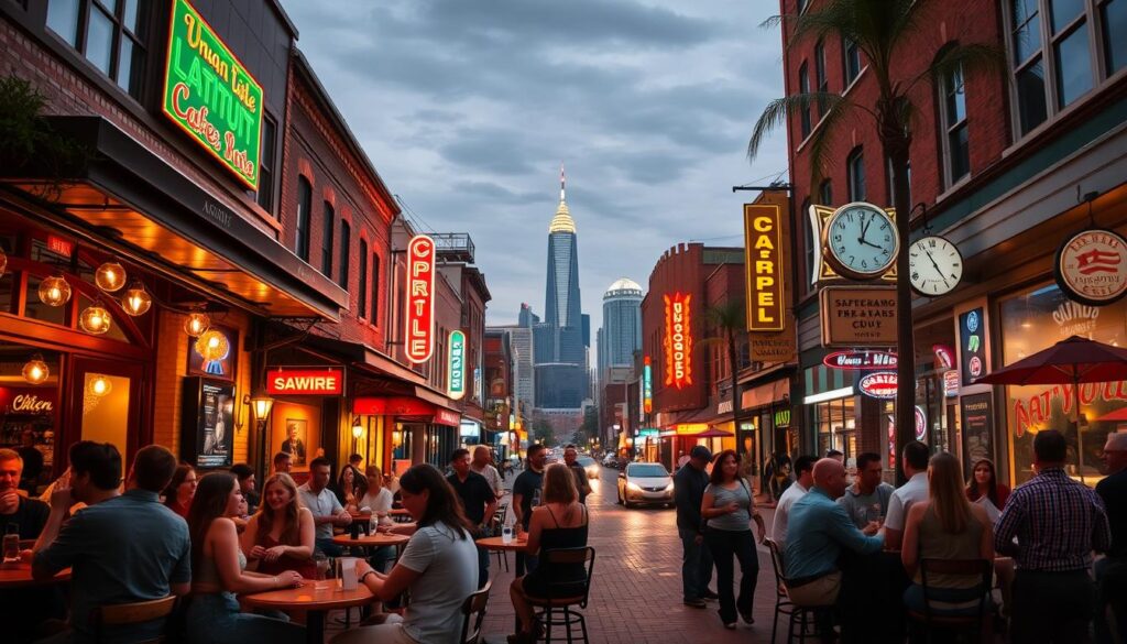A vibrant city street in Irondale, Alabama, bustling with trendy cafes, bars, and restaurants - the perfect setting for a lively speed dating event. In the foreground, a cozy-looking venue with warm lighting and inviting atmosphere; couples mingling at small tables, engaged in animated conversation. The middle ground features other popular hangout spots, their neon signs and outdoor seating areas adding to the energetic vibe. In the background, the skyline of Irondale, with its modern high-rises and historic landmarks, creates a picturesque backdrop. The scene is captured with a wide-angle lens, conveying a sense of energy, community, and endless possibilities for making romantic connections.