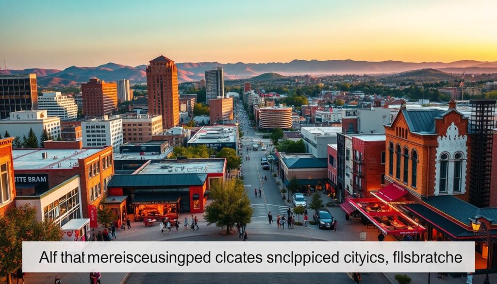 A vibrant cityscape of alternative speed dating destinations near Irondale, Alabama. The foreground features bustling city streets, with couples strolling and enjoying the lively atmosphere. In the middle ground, a mix of modern high-rises, quaint cafes, and trendy bars create a diverse urban landscape. The background showcases rolling hills, a hint of the surrounding natural beauty. Warm lighting, a golden-hour glow, and a sense of anticipation set the mood for a night of memorable connections. Captured through a wide-angle lens, the image conveys the energy and possibilities of speed dating in these alternative cities near Irondale.