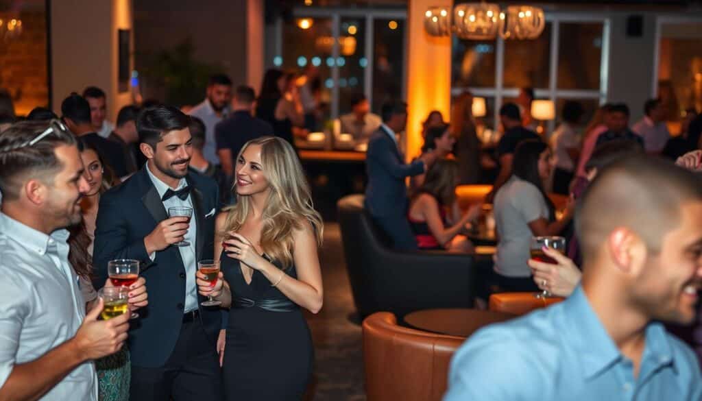 A vibrant speed dating event in the heart of Diamond Bar, California. In the foreground, stylishly dressed singles mingle and converse over cocktails, their faces aglow with anticipation. The middle ground features cozy seating areas where intimate conversations unfold, while the background reveals a modern event space with warm lighting and sleek furnishings. The atmosphere is electric, charged with the energy of new connections being forged. A shallow depth of field creates a sense of focus, drawing the viewer's attention to the engaging social interactions. The scene captures the essence of the speed dating experience in this thriving suburban community.