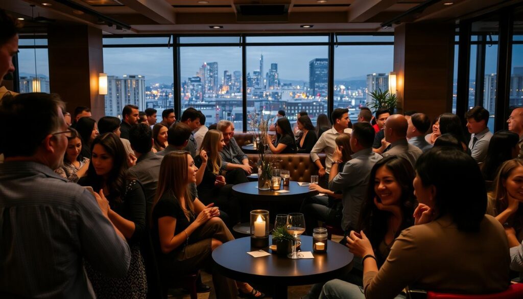 A bustling speed dating event in the heart of Colton, California. The scene is framed by a warm, inviting atmosphere, with subtle lighting that casts a soft glow over the intimate gathering. In the foreground, a diverse group of singles engaged in lively conversation, their expressions animated and their body language open, as they make connections and exchange stories. In the middle ground, the venue's decor adds a touch of sophistication, with sleek furniture and strategically placed decor elements that create a cozy, welcoming ambiance. In the background, the city skyline can be seen through large windows, hinting at the vibrant urban setting that surrounds this event. The overall mood is one of energy, optimism, and the anticipation of new possibilities.