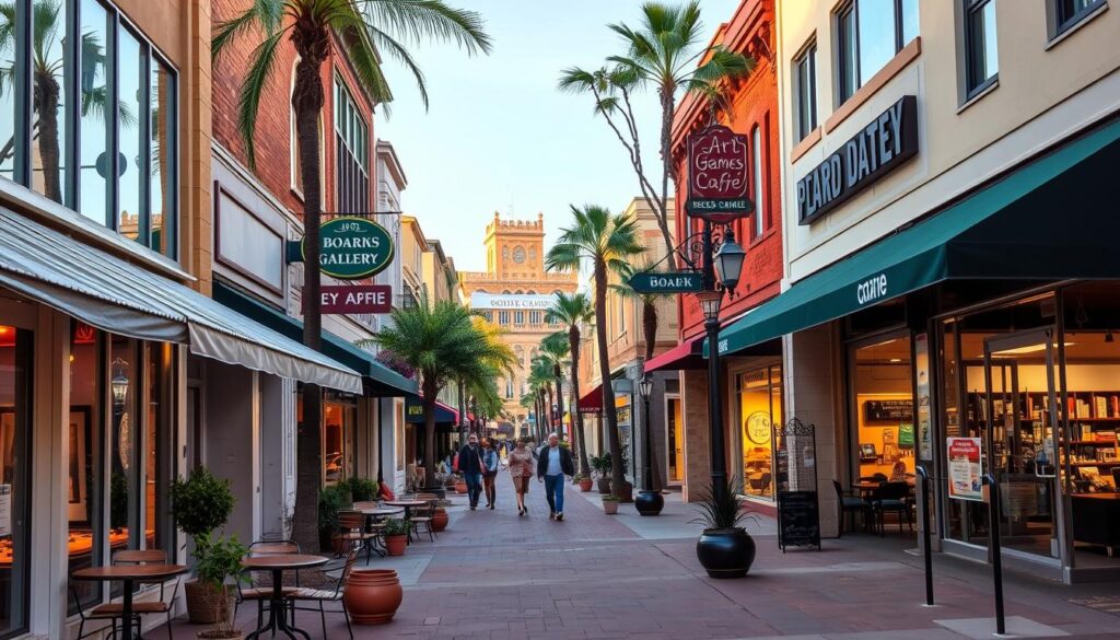 A bustling city street in Colton, California, with a variety of vibrant businesses and activities lining the sidewalks. In the foreground, a cozy café with inviting outdoor seating and potted plants serves as a casual gathering place. In the middle ground, a lively art gallery showcases local talent, while a bookstore and board game café offer intellectual and social alternatives to traditional speed dating. The background features a mix of modern and historic architecture, creating a charming, walkable atmosphere. Warm, natural lighting illuminates the scene, emphasizing the community-focused vibe and the abundance of options for social engagement beyond the typical speed dating experience.