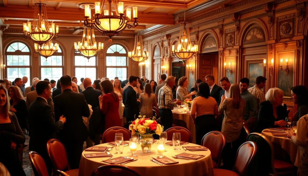 A cozy and inviting scene of a speed dating event in Alabama, bathed in warm, golden lighting from overhead chandeliers. In the foreground, a group of singles mingle and converse animatedly, their faces alight with anticipation and enthusiasm. In the middle ground, circular tables are adorned with romantic floral centerpieces, setting the mood for intimate connections. The background features the elegant decor of a historic venue, with ornate architectural details and a subtle vintage ambiance. The atmosphere is electric with the thrill of new encounters and the promise of potential romance. The scene captures the energy and excitement of age-specific speed dating events in the heart of Alabama.
