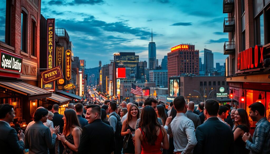 A bustling cityscape at dusk, with the warm glow of streetlights and neon signs casting a lively atmosphere. In the foreground, a group of stylishly dressed individuals engaged in animated conversations, gestures, and flirtatious laughter, capturing the essence of a vibrant speed dating event. The middle ground features the facades of trendy bars, cafes, and clubs, hinting at the nearby social hotspots. In the background, a panoramic view of the city skyline, its skyscrapers and landmarks silhouetted against a dusky sky, creating a sense of place and energy. Shoot with a wide-angle lens to convey the dynamic, urban setting, and use soft, diffused lighting to enhance the inviting, social mood.