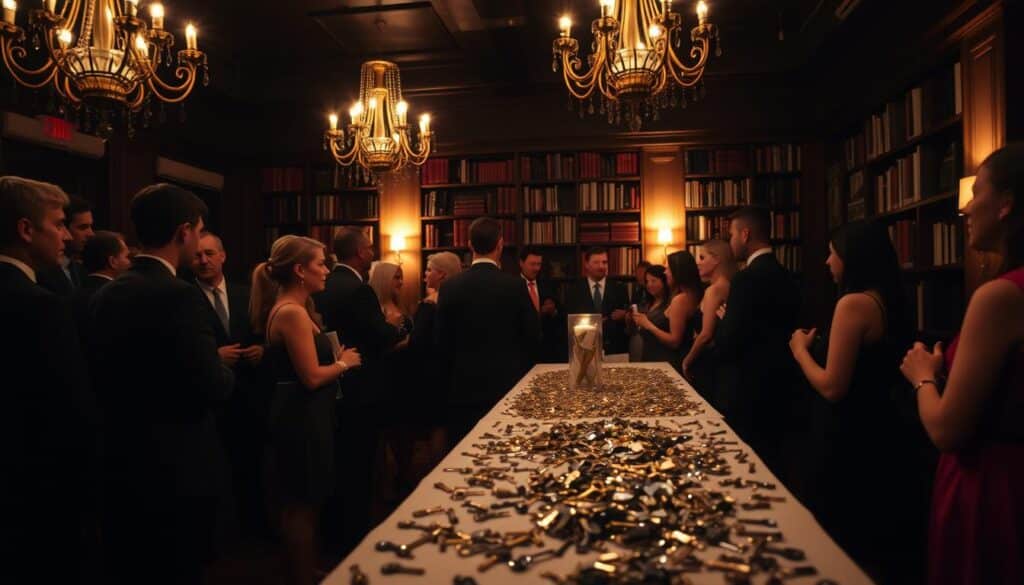 A dimly lit, cozy event space for singles looking to mix and mingle. In the foreground, a group of well-dressed individuals engaged in lively conversation, their faces lit by the soft glow of overhead chandeliers. In the middle ground, a long table adorned with a scattering of keys, each one unique and intriguing. The background features a bookshelf-lined wall, creating a sense of intimacy and intellectual sophistication. The overall atmosphere is one of relaxed sophistication, where potential connections are forged through the exchange of keys and shared interests.