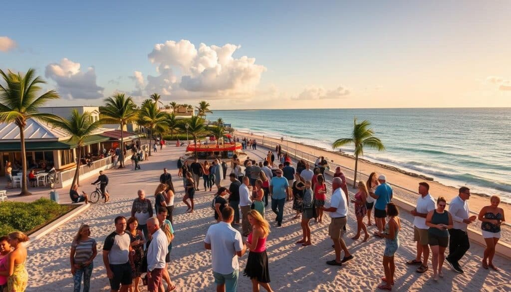 A vibrant seaside scene in North Palm Beach, Florida. In the foreground, a bustling speed dating event takes place on the sun-drenched shore, with singles mingling and conversing under the warm glow of a coastal sunset. The middle ground showcases the lush, palm-lined promenade and nearby restaurants, hinting at the area's active social scene. In the background, the glistening Atlantic Ocean and a stunning skyline set the stage for this intimate gathering, creating a picturesque and alluring atmosphere for those seeking alternative options to traditional speed dating.