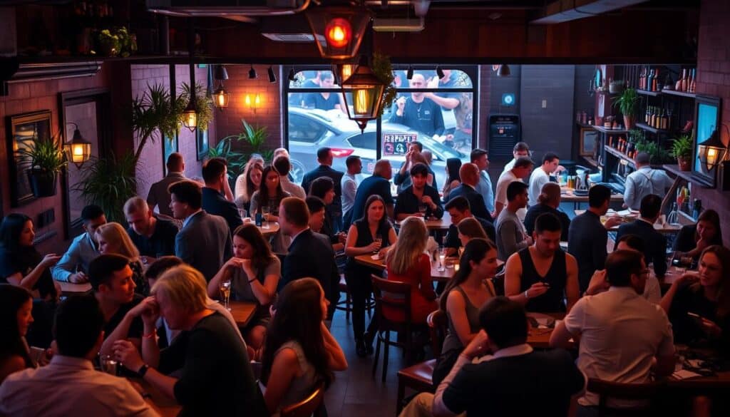 A vibrant speed dating event set in a cozy, dimly lit cafe. Clusters of patrons mingle at small tables, animated conversation filling the air. The foreground features a diverse group of stylishly dressed individuals engaged in lively exchanges, their facial expressions conveying a mix of anticipation and playful flirtation. The middle ground showcases the cafe's intimate atmosphere, with soft lighting, wooden furnishings, and potted plants creating a warm, inviting ambiance. In the background, a lively bar area adds to the energetic yet sophisticated vibe, with bartenders skillfully mixing cocktails. The overall scene conveys the excitement and social energy of a themed speed dating event.