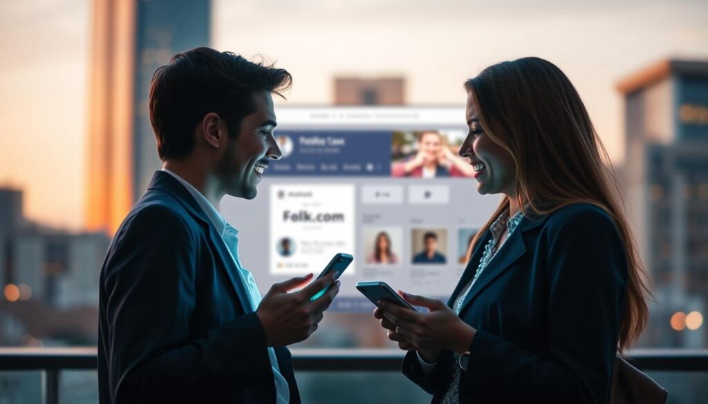 A vibrant scene of online dating set against the backdrop of Folkd.com's distinctive interface. In the foreground, two young professionals engaged in an animated conversation, their faces illuminated by the soft glow of their smartphone screens. The middle ground showcases Folkd.com's sleek and modern design, with clean lines and a minimalist aesthetic. In the background, a blurred cityscape evokes a sense of urban sophistication, hinting at the broader social context of modern dating. The overall mood is one of confident, tech-savvy optimism, reflecting the platform's promise of connecting compatible individuals in a streamlined, user-friendly manner.