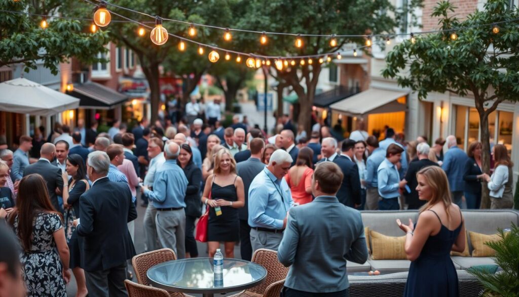 A bustling outdoor networking event in Middleburg, Florida. In the foreground, a group of well-dressed professionals mingling and exchanging business cards under the warm glow of Edison string lights. In the middle ground, a mix of high-top tables and lounge seating where attendees engage in lively conversations. The background features the quaint streets of Middleburg, with its charming local shops and cafes providing a picturesque setting. Soft background music fills the air, creating a relaxed and inviting atmosphere conducive to making new connections. The scene is captured with a shallow depth of field, drawing the viewer's eye to the central networking activity.