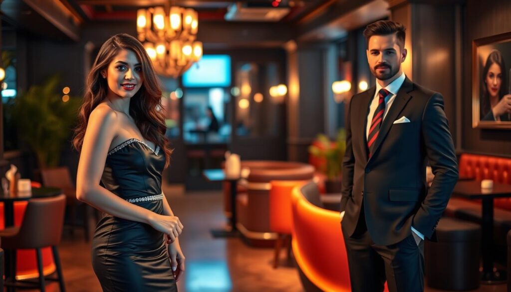 A stylish and vibrant mix of fashion for a speed dating event in a chic urban setting. In the foreground, a sleek cocktail dress with a touch of sparkle, paired with elegant high heels. In the middle ground, a well-tailored suit with a crisp white shirt and a bold tie, conveying confidence. The background features a dimly lit lounge with sophisticated decor, setting the mood for an intimate and engaging speed dating experience. Soft, warm lighting creates a flattering ambiance, while the composition emphasizes the importance of personal style and presentation for a successful speed dating night.