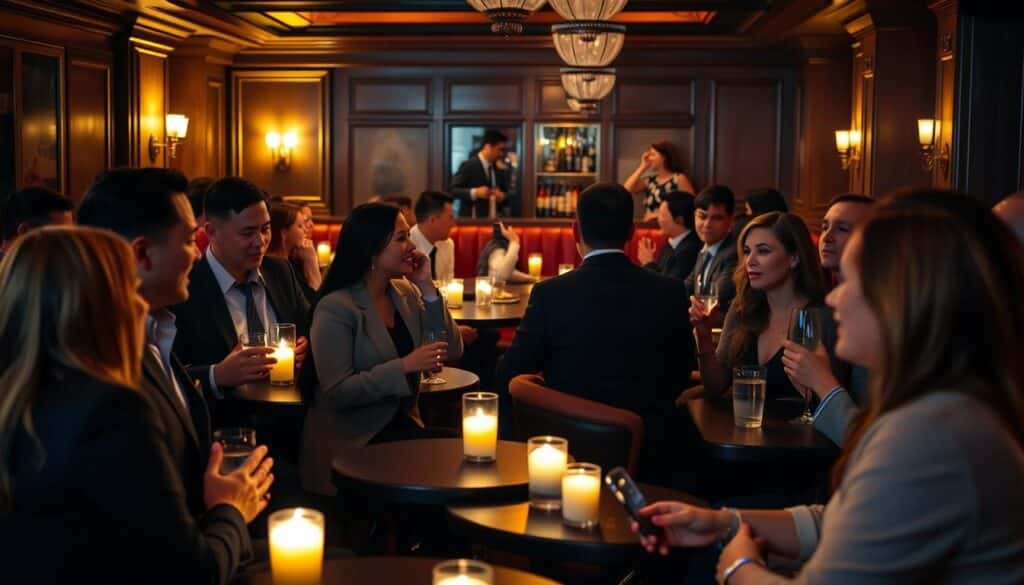 A lively speed dating event in a cozy, dimly-lit lounge. In the foreground, a group of smartly dressed professionals engaged in animated conversation, their faces lit by the soft glow of candles on the tables. In the middle ground, the bartender efficiently serves beverages to the eager participants. The background features a warm, inviting atmosphere with plush seating and tasteful decor, creating an intimate and comfortable setting for the singles to mingle. Soft, ambient lighting casts a flattering glow, and the camera angle captures the energy and excitement of the event, showcasing the potential for meaningful connections.