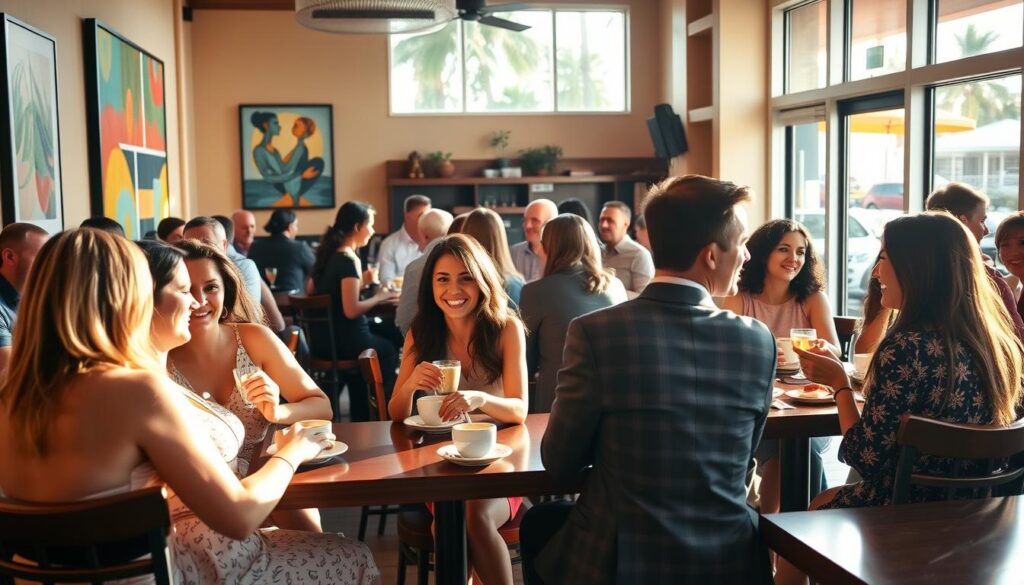 A lively speed dating event in the cozy town of Hobe Sound, Florida. In the warmly lit cafe, couples mingle and converse over coffee and pastries, their faces animated with excitement and anticipation. The decor is chic and inviting, with vibrant artwork on the walls and a sleek, modern aesthetic. Soft jazz music plays in the background, setting a relaxed, yet energetic tone. The participants, dressed in smart casual attire, exude an air of confident friendliness, eager to connect with potential matches. Sunlight streams through large windows, casting a golden glow over the scene and highlighting the lively energy of this unique social gathering.