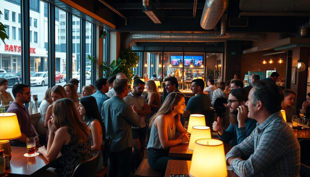 a cozy and vibrant speed dating event in a trendy cafe in South Venice, Florida. the foreground shows a group of diverse young adults mingling and engaging in animated conversations, with warm lighting from table lamps casting a soft glow over the scene. the middle ground features a stylish bar area where patrons are sipping drinks and relaxing. the background showcases the cafe's modern decor, with large windows offering a view of the bustling street outside. the overall atmosphere is lively, friendly, and conducive to making meaningful connections. a cinematic, documentary-style aesthetic with a focus on capturing the energy and excitement of the event.