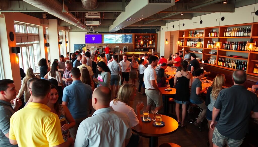 A lively, vibrant scene of a bustling social vibe venue in Atlantic Beach, Florida. In the foreground, groups of people mingling and conversing, their expressions animated and engaged. Warm lighting casts a friendly glow, setting the mood for a casual, relaxed atmosphere. The middle ground features a mix of cozy seating areas and high-top tables, where couples and small groups enjoy drinks and hors d'oeuvres. In the background, a long, wooden bar and shelves showcasing a selection of craft cocktails and beers. The overall aesthetic is modern yet inviting, with clean lines, natural materials, and a touch of coastal flair, capturing the essence of an ideal speed dating venue in Atlantic Beach.