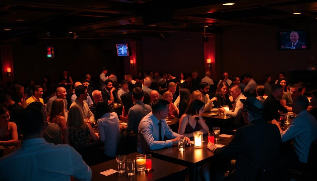 A crowded speed dating event in a dimly lit lounge, with small groups of people seated at intimate tables conversing animatedly. Soft lighting creates a warm, inviting ambiance, and the camera captures the event from an elevated angle, showcasing the vibrant energy and social interactions. Flashes of color from cocktails and stylish outfits add visual interest, while the overall scene conveys a sense of excitement and potential connections.