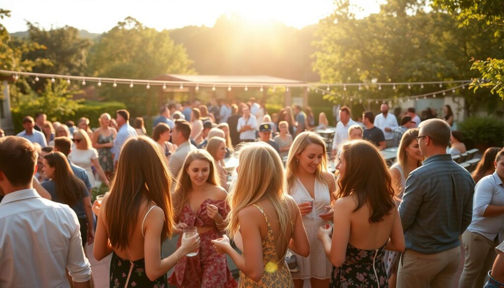 A bustling outdoor social gathering, bathed in warm, golden afternoon light. In the foreground, a group of stylishly dressed singles engaged in lively conversation, their body language exuding an air of playful flirtation. The middle ground features a mix of casual seating areas and standing groups, encouraging mingling and casual interactions. In the background, a lush, verdant setting with trees and greenery, creating a serene and inviting atmosphere. The scene conveys a sense of energy, connection, and the excitement of new social possibilities for unattached individuals seeking companionship.
