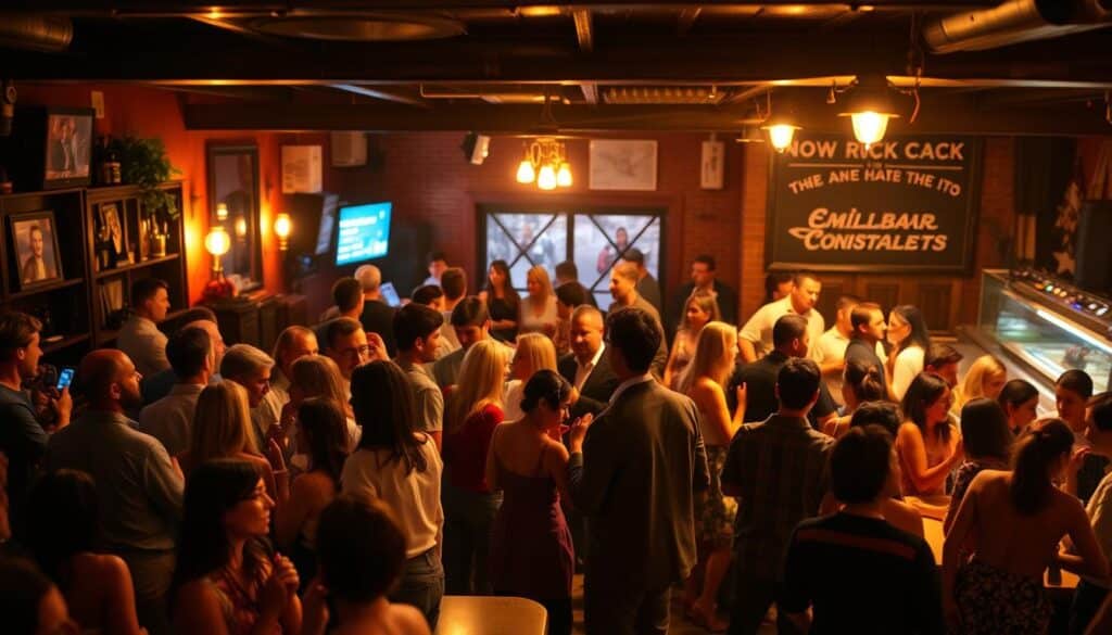 A bustling social scene unfolds in a cozy local bar, the warm glow of mood lighting casting a inviting ambiance. In the foreground, people mingle and converse animatedly, engaged in lively discussions over craft cocktails and artisanal appetizers. The middle ground reveals couples occupying intimate high-top tables, leaning in to share laughter and stories. Towards the back, an eclectic mix of singles and groups gather around a pool table or crowded around a bustling dance floor, swaying to the beat of an indie rock band. The overall scene conveys a sense of vibrant community, where new connections and potential relationships are organically forming in a relaxed, yet energetic atmosphere.
