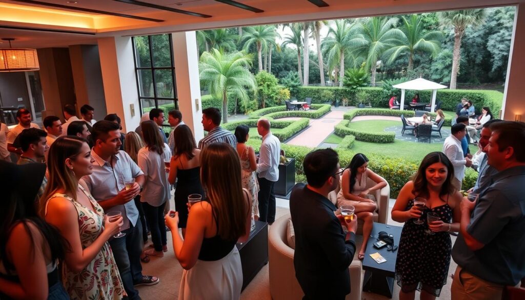 A vibrant, contemporary speed dating event in the heart of Palmetto Estates, Florida. In the foreground, a group of diverse singles mingle and converse animatedly, drinks in hand, against a backdrop of sleek, modern decor and soft lighting. The middle ground features cozy seating areas where prospective matches engage in lively discussions, while the background showcases the lush, well-manicured grounds of the event venue, creating a welcoming and inviting atmosphere. The scene is captured with a wide-angle lens, conveying a sense of energy, connection, and the promise of new beginnings.
