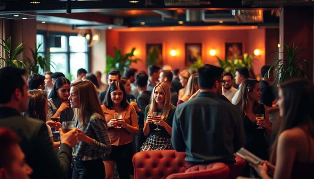 A bustling speed dating event in a cozy, dimly-lit lounge. In the foreground, a group of young professionals mingle and chat animatedly, drinks in hand, while the background features soft lighting, plush seating, and potted plants creating a warm, intimate atmosphere. The scene is captured through a wide-angle lens, with a shallow depth of field that gently blurs the edges, drawing the viewer's attention to the central activity. The overall mood is one of energy, connection, and the possibility of finding that special someone.