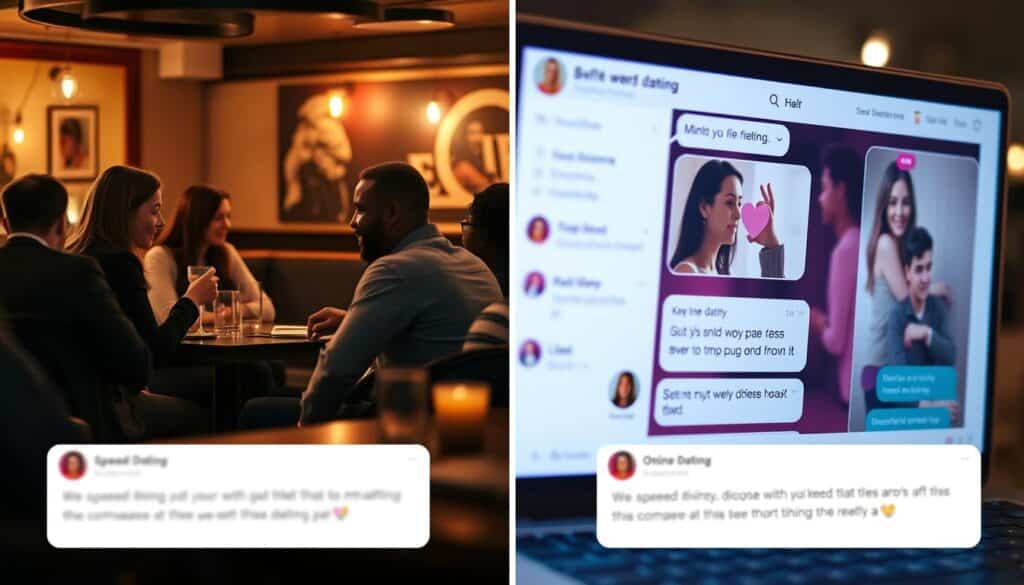 Two distinct dating scenes unfold side by side: on the left, an intimate speed dating event in a cozy cafe setting, participants engaged in lively conversation, warm lighting and soft textures creating a sense of connection; on the right, online dating profiles and messages displayed on a sleek, modern interface, the atmosphere more detached and impersonal, digital screens reflecting the cool, distant nature of virtual interactions. The composition contrasts the tangible, human experience of speed dating with the disembodied, algorithm-driven world of online dating, inviting the viewer to consider the unique advantages and drawbacks of each approach to finding romantic companionship.
