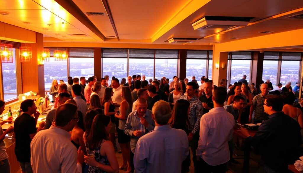 A bustling speed dating event in a trendy Sarasota bar, with a stylish and modern interior. In the foreground, groups of singles mingle, laughing and chatting animatedly over drinks. The middle ground features a long bar with bartenders skillfully mixing cocktails, while the background showcases large windows overlooking the vibrant cityscape of Sarasota. Warm, golden lighting creates a cozy and inviting atmosphere, drawing in the participants. The overall scene conveys a sense of energy, connection, and the excitement of new possibilities.