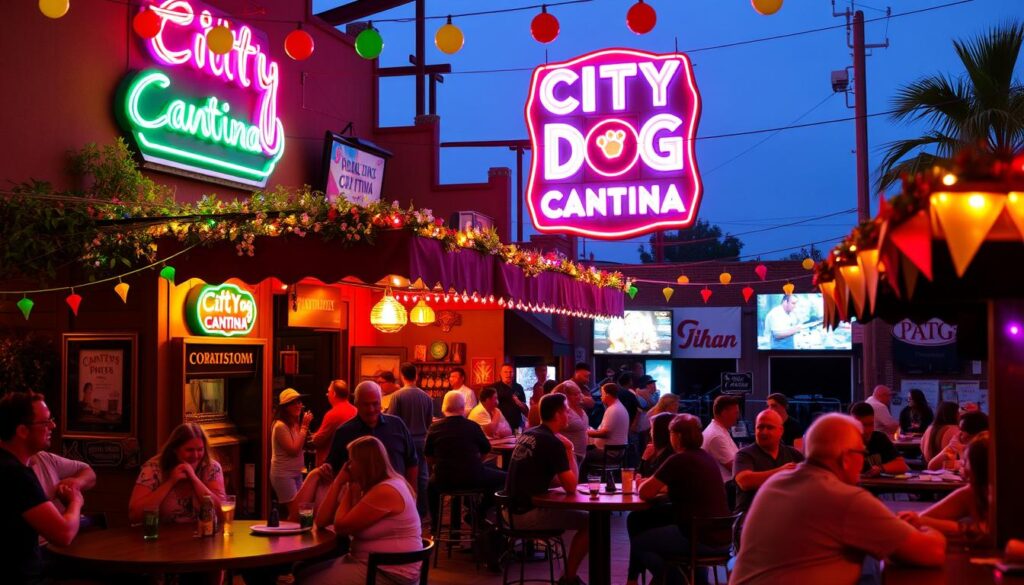 A bustling City Dog Cantina, its vibrant neon sign illuminating the warm evening in Zephyrhills, Florida. Patrons mingle and laugh under the glow of colorful string lights, gathered around high-top tables and the lively bar. In the background, a stage set with guitars and drums, ready to host a lively live music performance. The atmosphere is electric, with the scent of sizzling Tex-Mex cuisine and the excited chatter of speed daters seeking connection. A cozy, welcoming scene that captures the spirit of this friendly community.