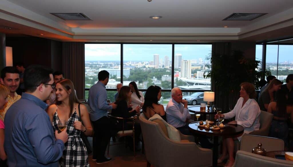 A lively speed dating event in the heart of Zephyrhills, Florida. In the foreground, singles mingle and converse animatedly over drinks and hors d'oeuvres, their faces lit by warm, ambient lighting. The middle ground features cozy seating areas where potential matches engage in intimate discussions, surrounded by the inviting atmosphere of a modern event space. In the background, a panoramic view of the vibrant downtown Zephyrhills skyline sets the scene, suggesting the energy and opportunity of this speed dating experience. Soft, diffused lighting creates a welcoming, inclusive mood, while the tasteful decor and elegant furnishings evoke an upscale, professional vibe.