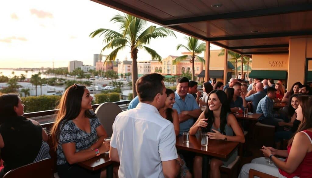 A vibrant speed dating event in the heart of Sweetwater, Florida. In the foreground, a group of casually dressed singles engaged in lively conversation, their expressions animated and eyes sparkling with anticipation. The middle ground showcases the cozy, inviting ambiance of the event space - soft lighting, plush seating, and discreetly placed tables to facilitate intimate interactions. In the background, the picturesque cityscape of Sweetwater provides a scenic backdrop, with its palm-lined streets and vibrant buildings bathed in the warm glow of the setting sun. The overall scene conveys a sense of excitement, connection, and the promise of new romantic possibilities in this charming Florida town.