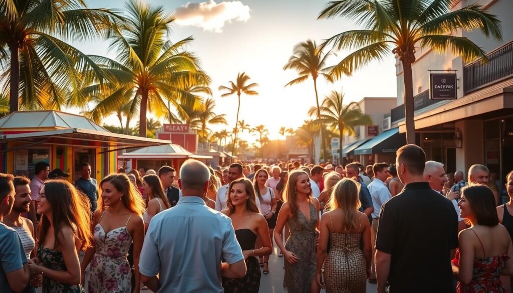 A vibrant, sun-drenched scene of a bustling outdoor speed dating event in Sweetwater, Florida. In the foreground, a group of stylishly dressed singles mingle and converse animatedly, their laughter and energy palpable. The middle ground showcases colorful food trucks, palm trees swaying gently in the breeze, and a backdrop of charming local shops and cafes. Warm, golden lighting bathes the scene, creating a welcoming and lively atmosphere. The composition emphasizes the sense of community and connection, capturing the spirit of the ultimate speed dating experience in Sweetwater.