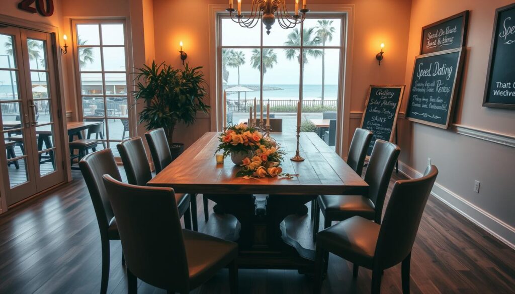 a tidy room with a large wooden table in the center, adorned with romantic flowers and candlesticks, several chairs surrounding it, a warm and intimate atmosphere with soft, golden lighting, through a large window a view of a palm-lined street in a coastal town, the facade of a charming cafe or restaurant visible in the distance, a chalkboard on the wall advertising upcoming speed dating events in bold, elegant calligraphy