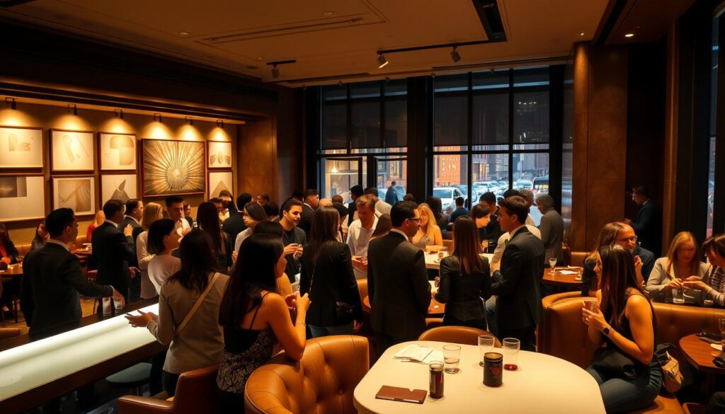A bustling speed dating event in a chic urban cafe, bathed in warm, cozy lighting. In the foreground, a group of people enthusiastically engaged in lively conversations, their body language conveying the dynamic energy of the occasion. In the middle ground, a sleek, minimalist bar area where attendees mingle and exchange contact information. The background showcases the cafe's sophisticated decor, with plush seating, artful wall displays, and large windows that offer a glimpse of the vibrant city outside. The overall atmosphere exudes a sense of excitement, social connection, and the promise of new romantic possibilities.