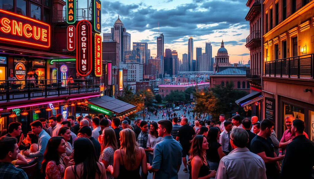 Nearby cities singles events: a vibrant cityscape with neon-lit bars, trendy cafes, and lively nightclubs. In the foreground, groups of people mingling and socializing, their expressions animated and engaged. The middle ground features a bustling street scene, with couples strolling hand-in-hand and groups of friends laughing and conversing. In the background, a skyline of modern high-rises and historic buildings, bathed in a warm, inviting glow from the setting sun. The overall atmosphere is one of energy, excitement, and the promise of new connections and possibilities.