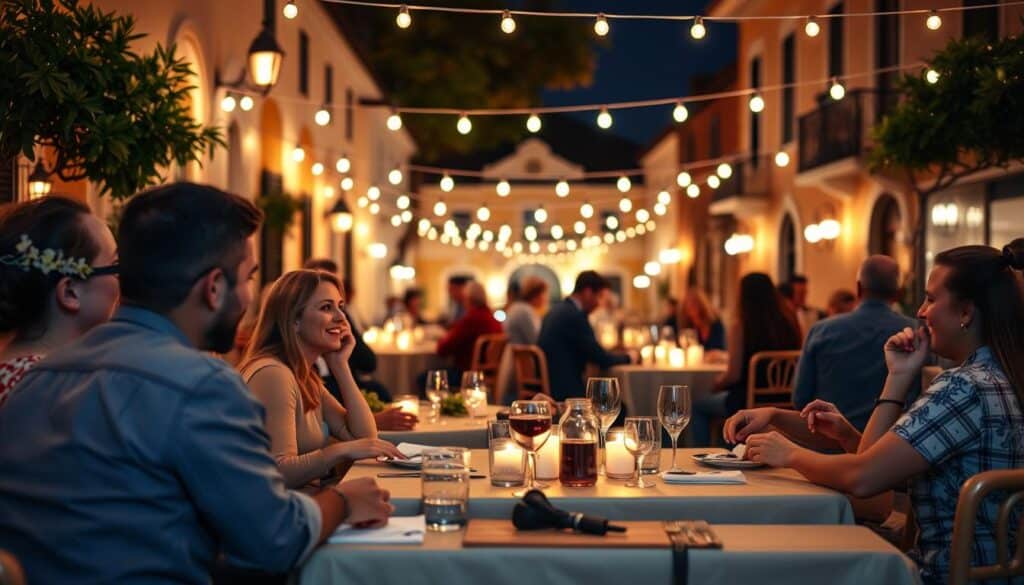 A cozy speed dating event in the charming historic district of St. Augustine, Florida. In the foreground, a group of singles engaged in lively conversations, their animated expressions and body language conveying the excitement of the evening. The middle ground features tastefully decorated tables and chairs, creating an intimate and welcoming atmosphere. In the background, the warm glow of string lights and the timeless architecture of St. Augustine's old town set the scene, transporting the viewer to a magical, romantic setting. Soft, inviting lighting bathes the scene, creating a gentle, intimate mood that captures the essence of the speed dating experience.